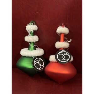 Department 56 Glass Christmas Tree Ornaments Retro MCM Set Of 2 Flocked NWT